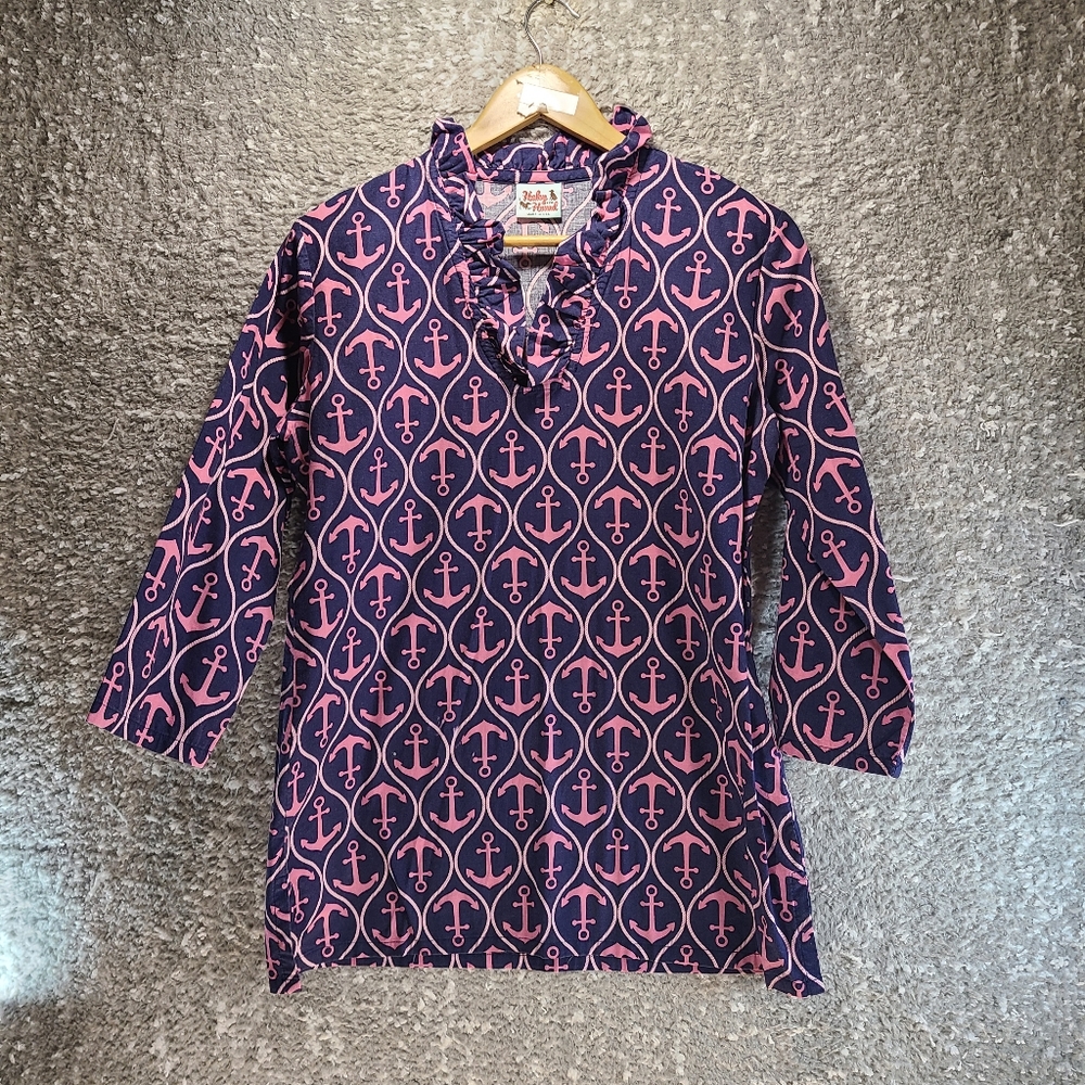 Haley and The Hound M Tunic‎ Blue Pink 3/4 Sleeve Anchor Print USA MADE READ